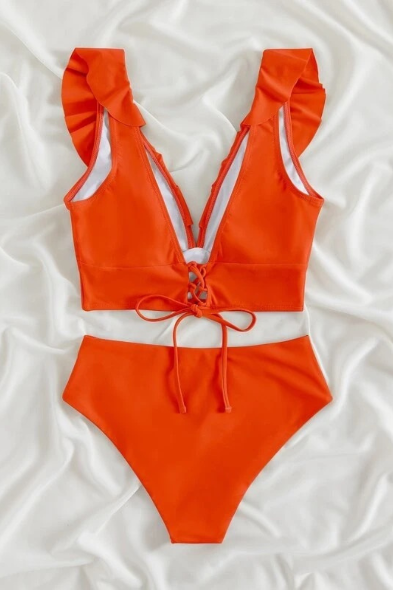 Women High Waist Two Piece Ruffle Neck Orange Swimsuit Set