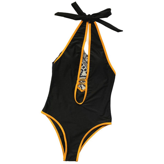 Black Plunge Neck Halter Neck Tie One Piece Swimsuit Swimwear