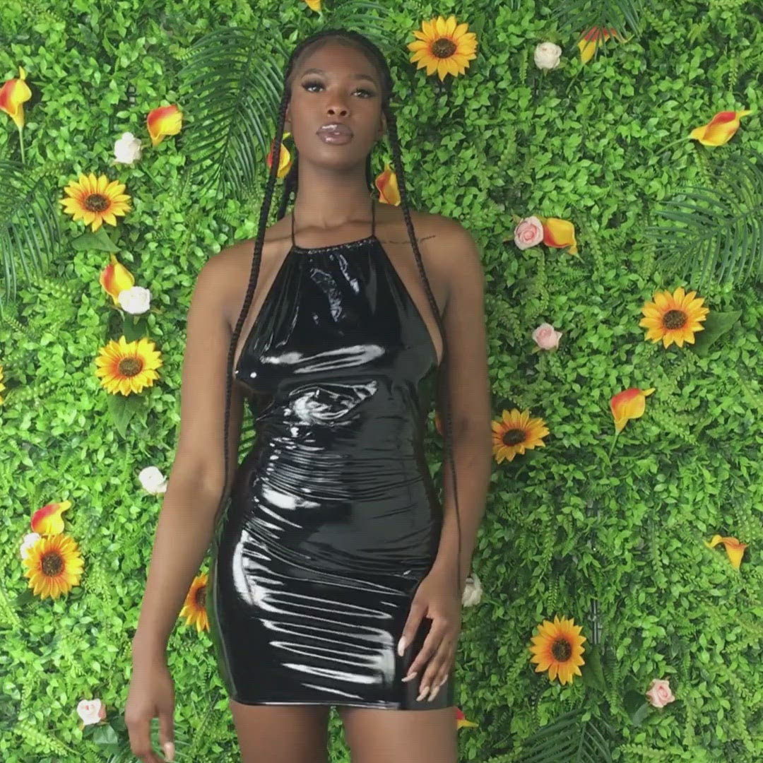 Load and play video in Gallery viewer, Faux Leather Halter Club Dress