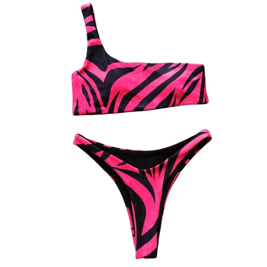 One Shoulder Pink Zebra Print Bikini Set