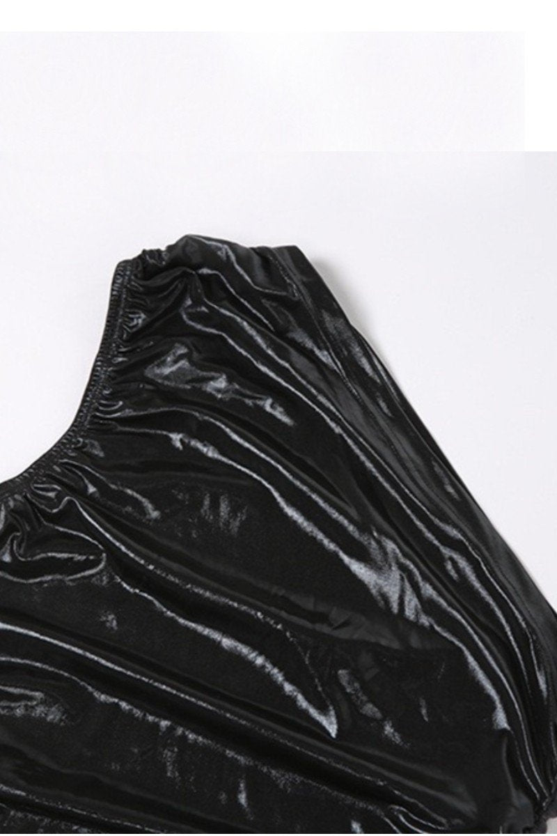 Faux Leather Ruched One Shoulder Party Dress