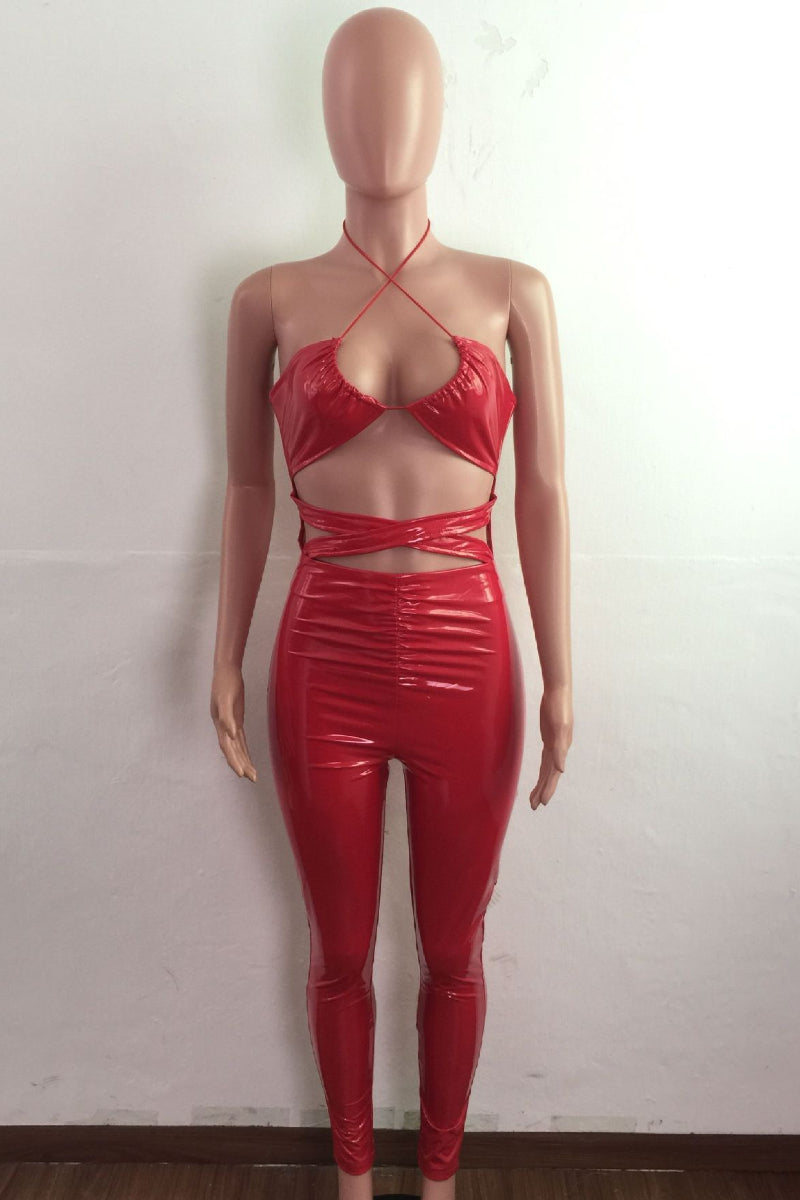 Latex Leather Halter Fitted Jumpsuit