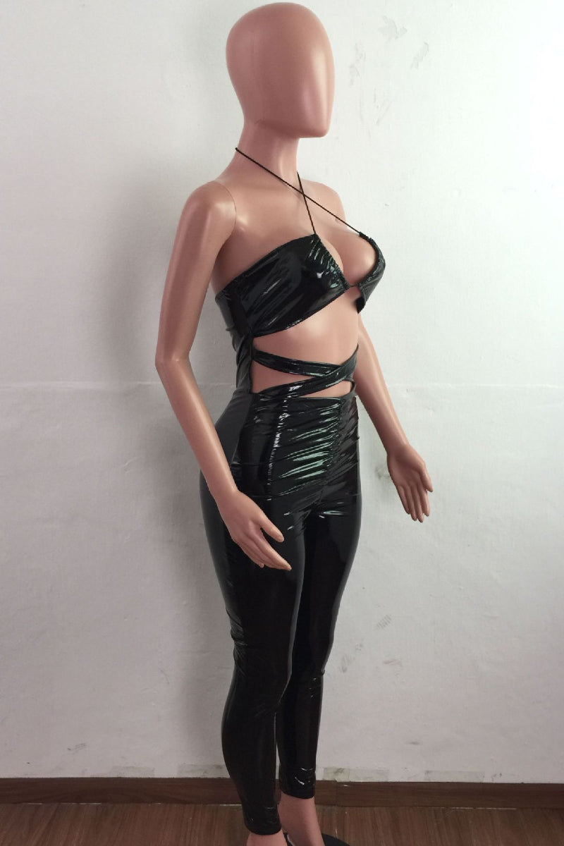 Latex Leather Halter Fitted Jumpsuit
