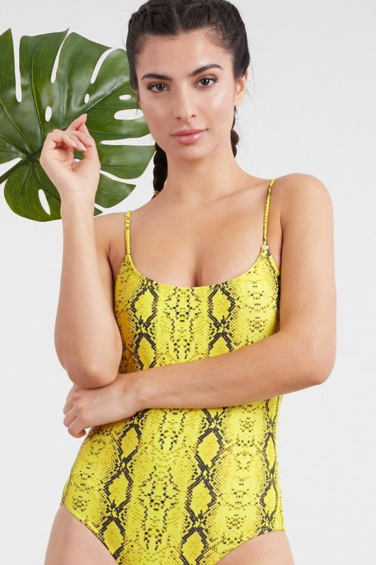Yellow Python Print Spaghetti Strap One Piece Swimsuit Swimwear