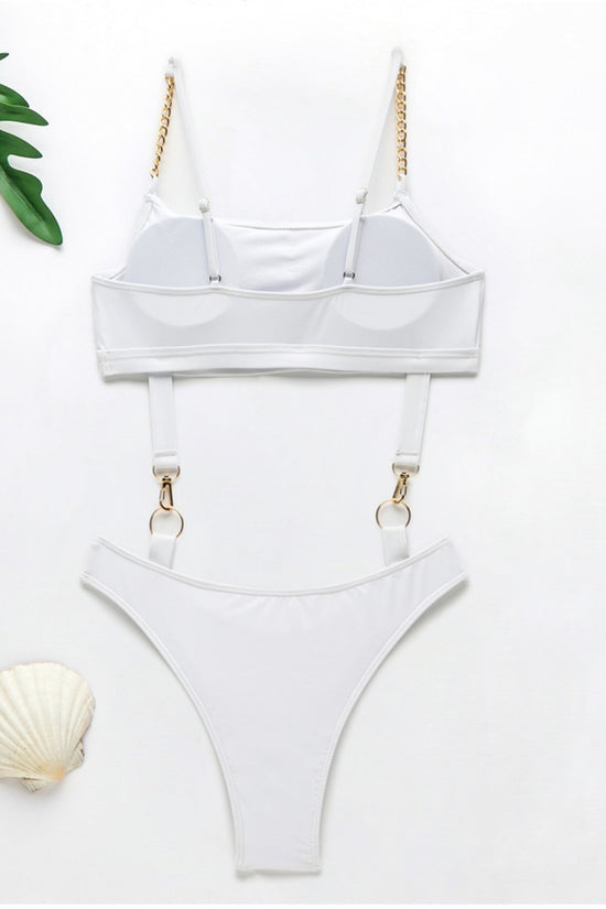 White Metallic Swimsuit with Chain Straps