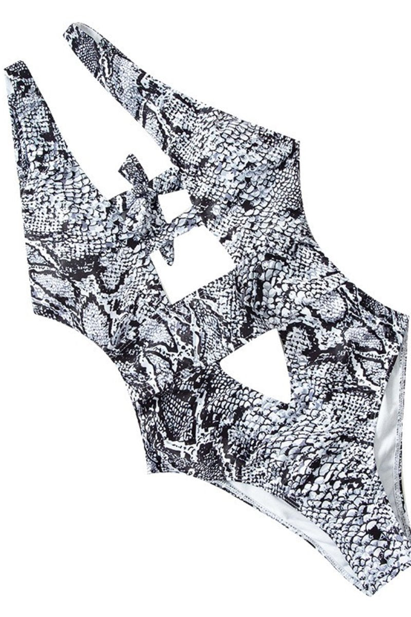 Black And White Halter Neck Python Print One Piece Swimwear