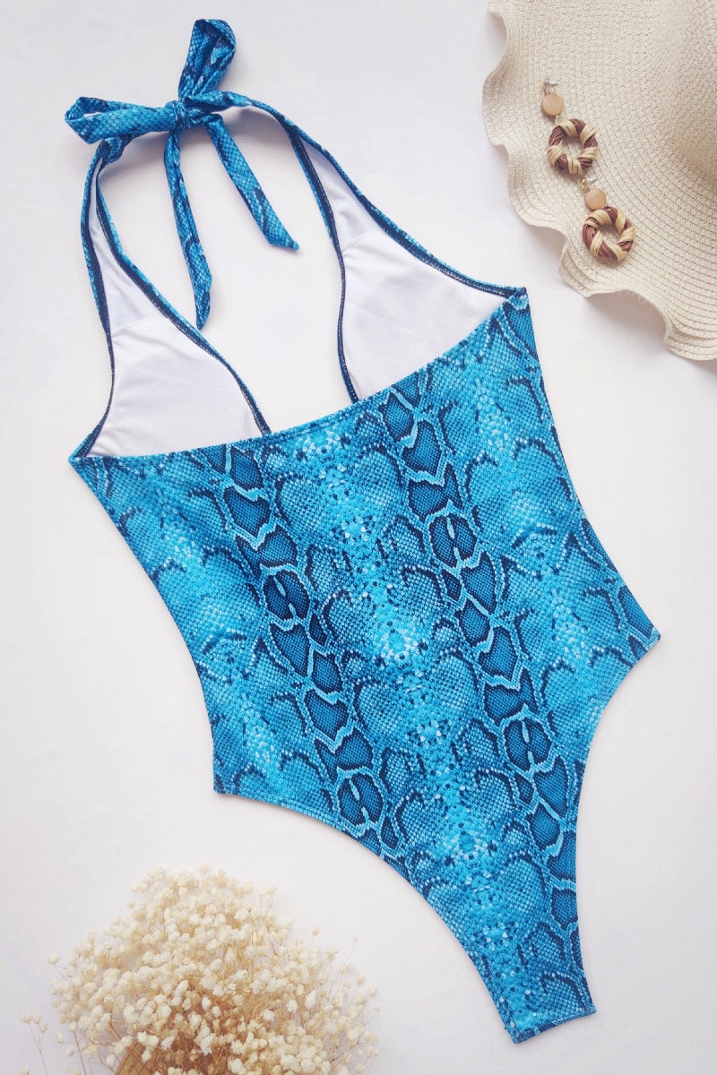 Blue Snake Print Cut Out Halter Neck One Piece Swimsuit