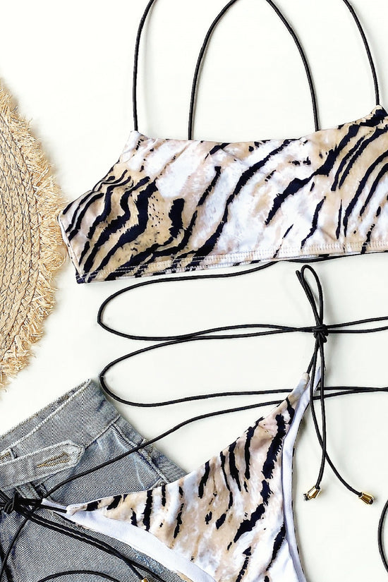 Zebra Print Halter Neck Tie Two Piece Bikini Swimsuit