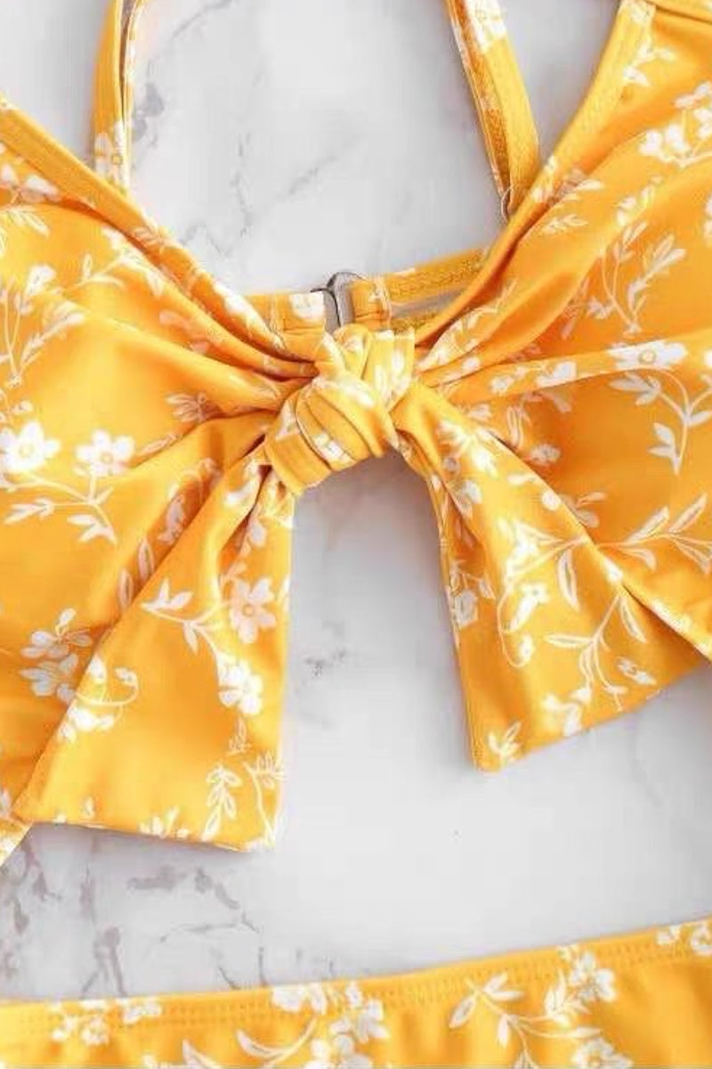 Yellow Floral Print Cut Out One Piece Swimsuit Swimwear