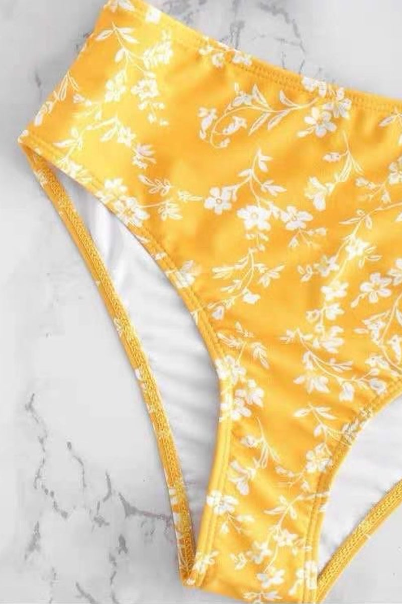 Yellow Floral Print Cut Out One Piece Swimsuit Swimwear
