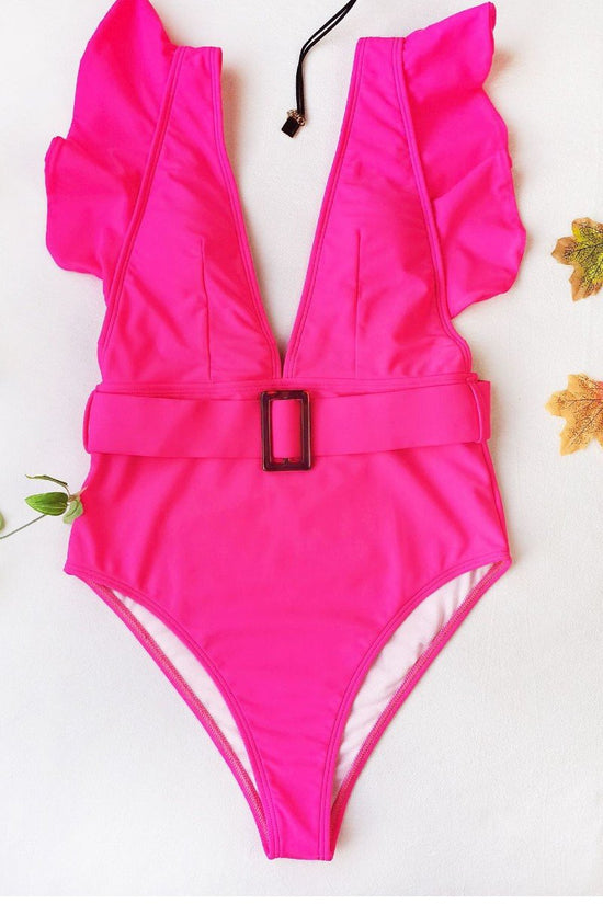 One Piece Ruffle Belted Swimsuit