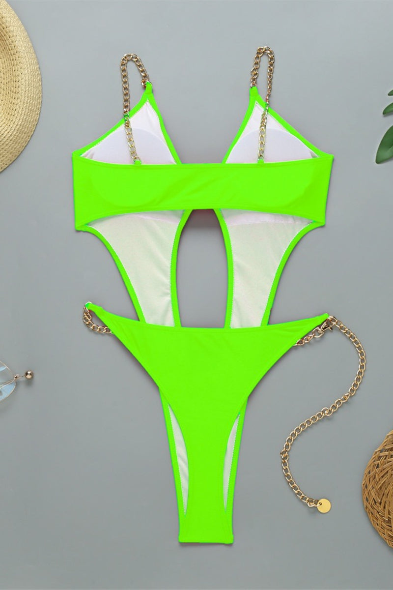 Orange Cut Out One Piece Swimsuit with Chain Belt