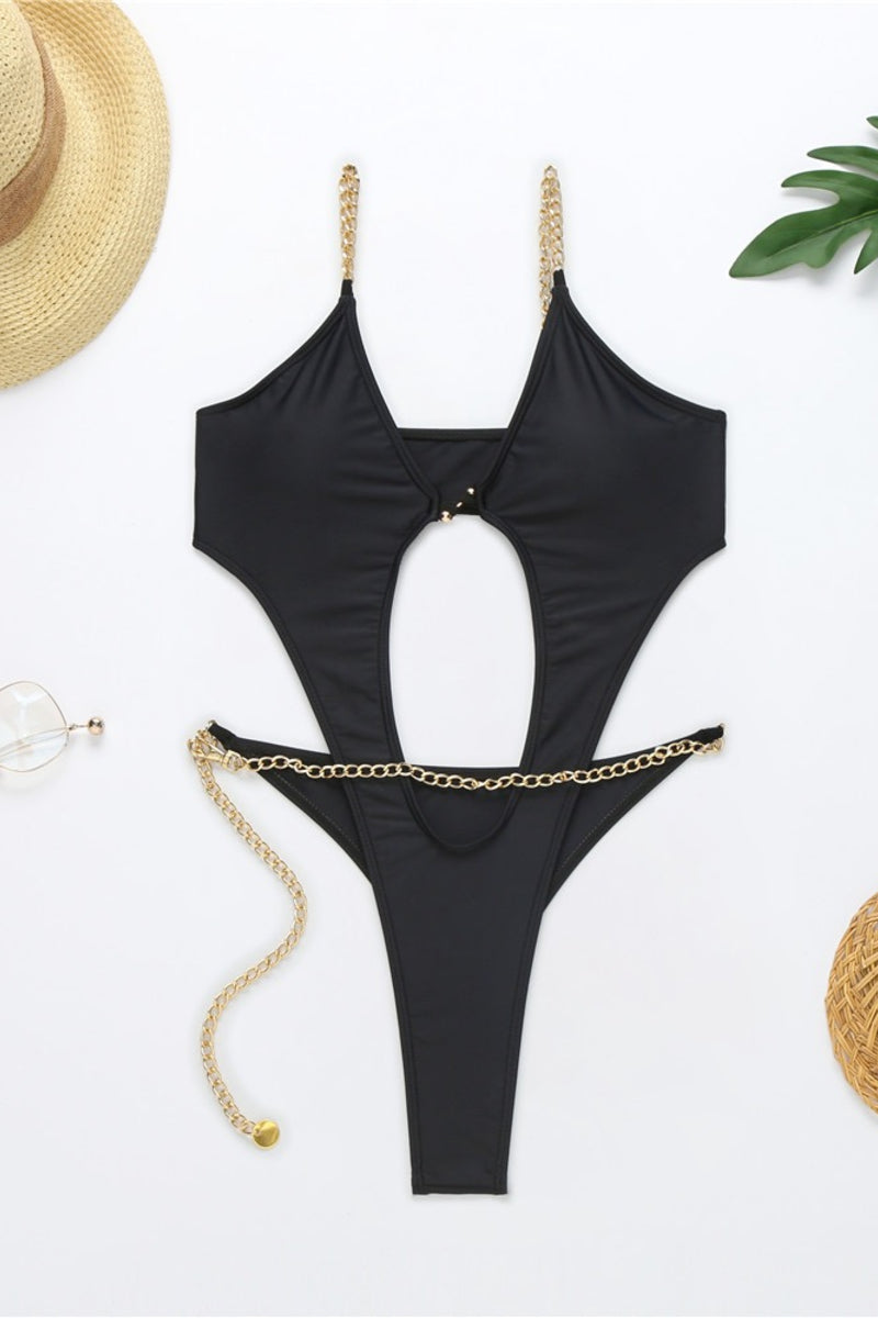 Orange Cut Out One Piece Swimsuit with Chain Belt