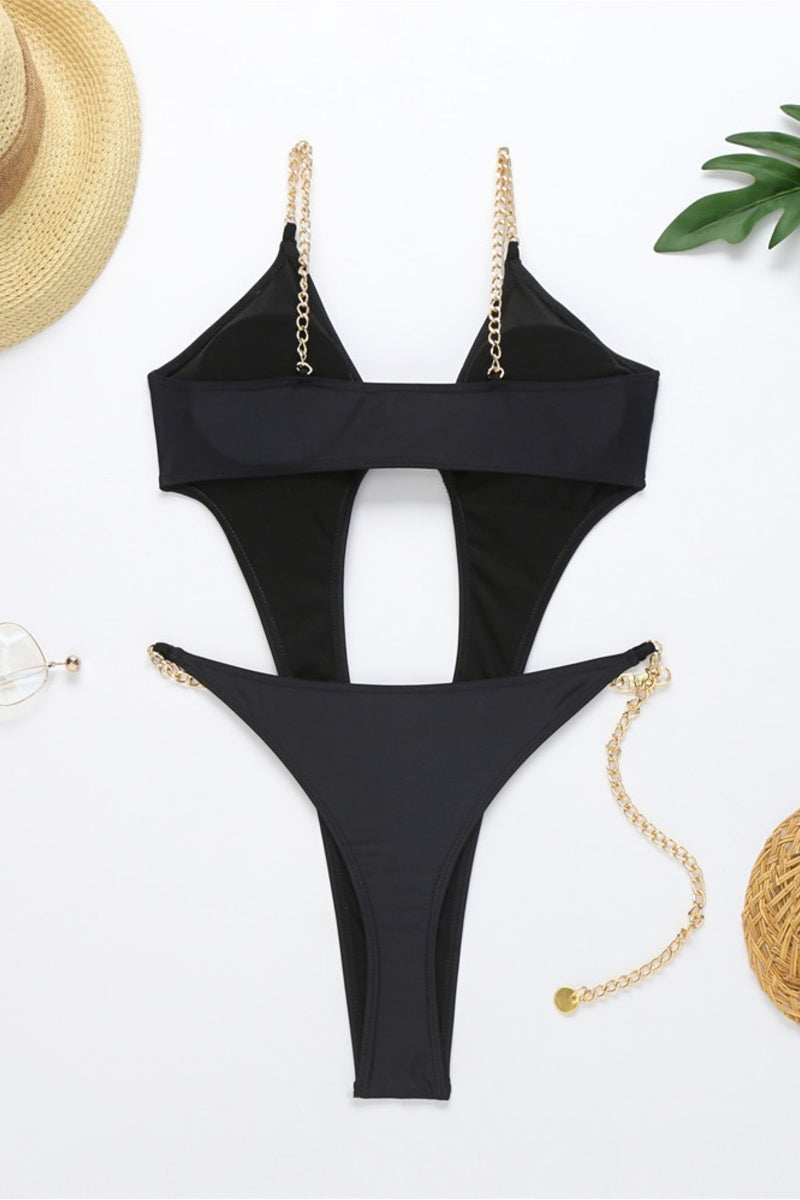 Orange Cut Out One Piece Swimsuit with Chain Belt