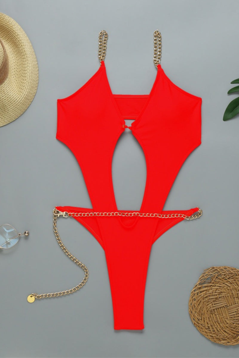Orange Cut Out One Piece Swimsuit with Chain Belt