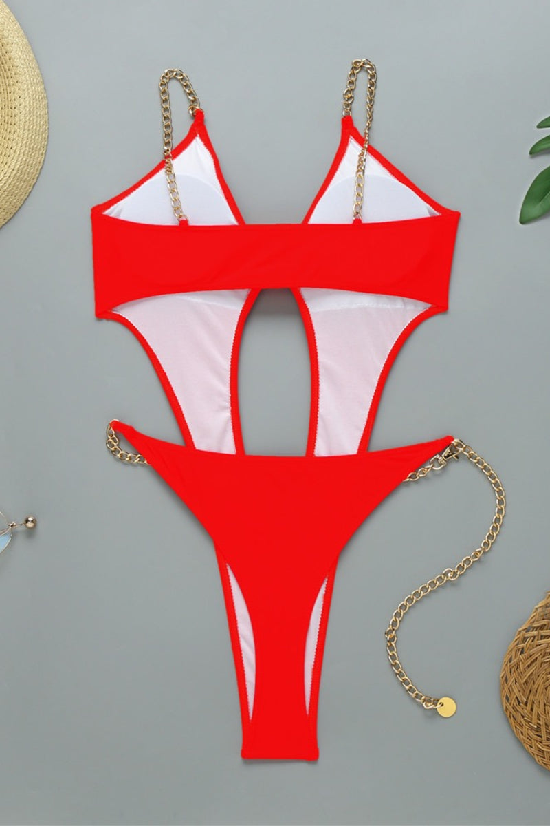 Orange Cut Out One Piece Swimsuit with Chain Belt