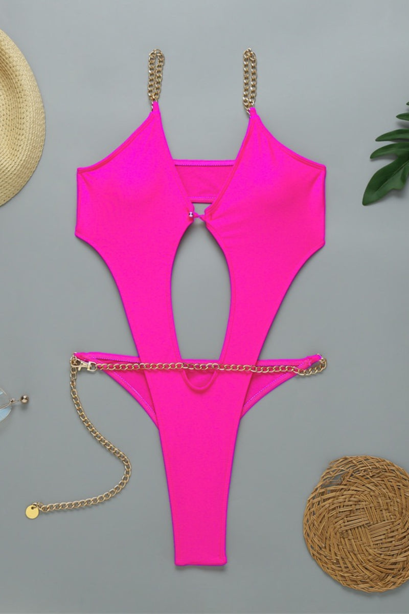 Orange Cut Out One Piece Swimsuit with Chain Belt