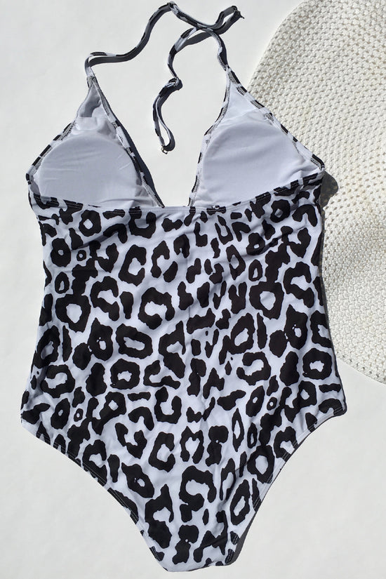 White and Black Leopard Print One Piece Swimsuit