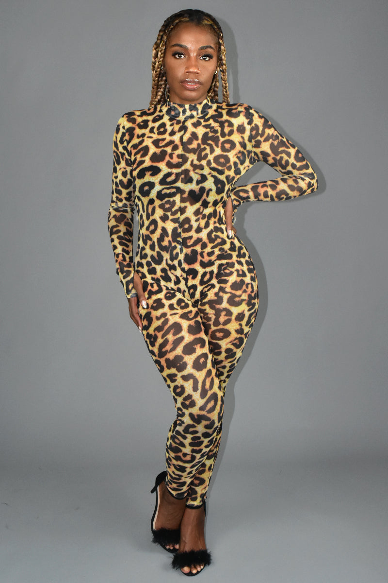 Sheer Leopard Print Full Bodycon Jumpsuit