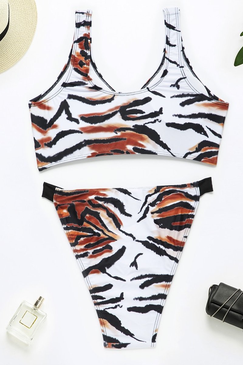 Brown Tiger Print Two Piece Bikini Swimsuit Swimwear