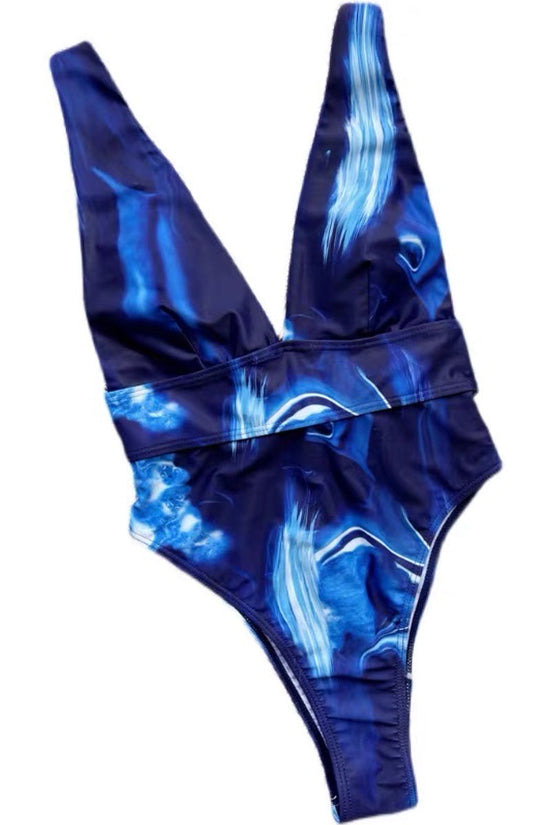 Blue Wave Print Cut Out One Piece Swimsuit Swimwear