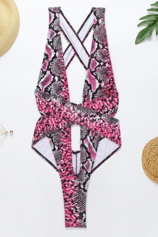 Black And Pink Snake Print One Piece Swimsuit Swimwear