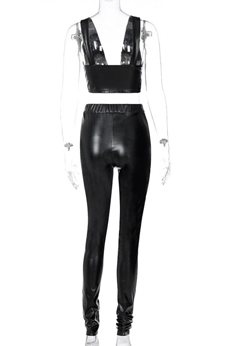 Black Faux Leather Crop Top and Pant Set
