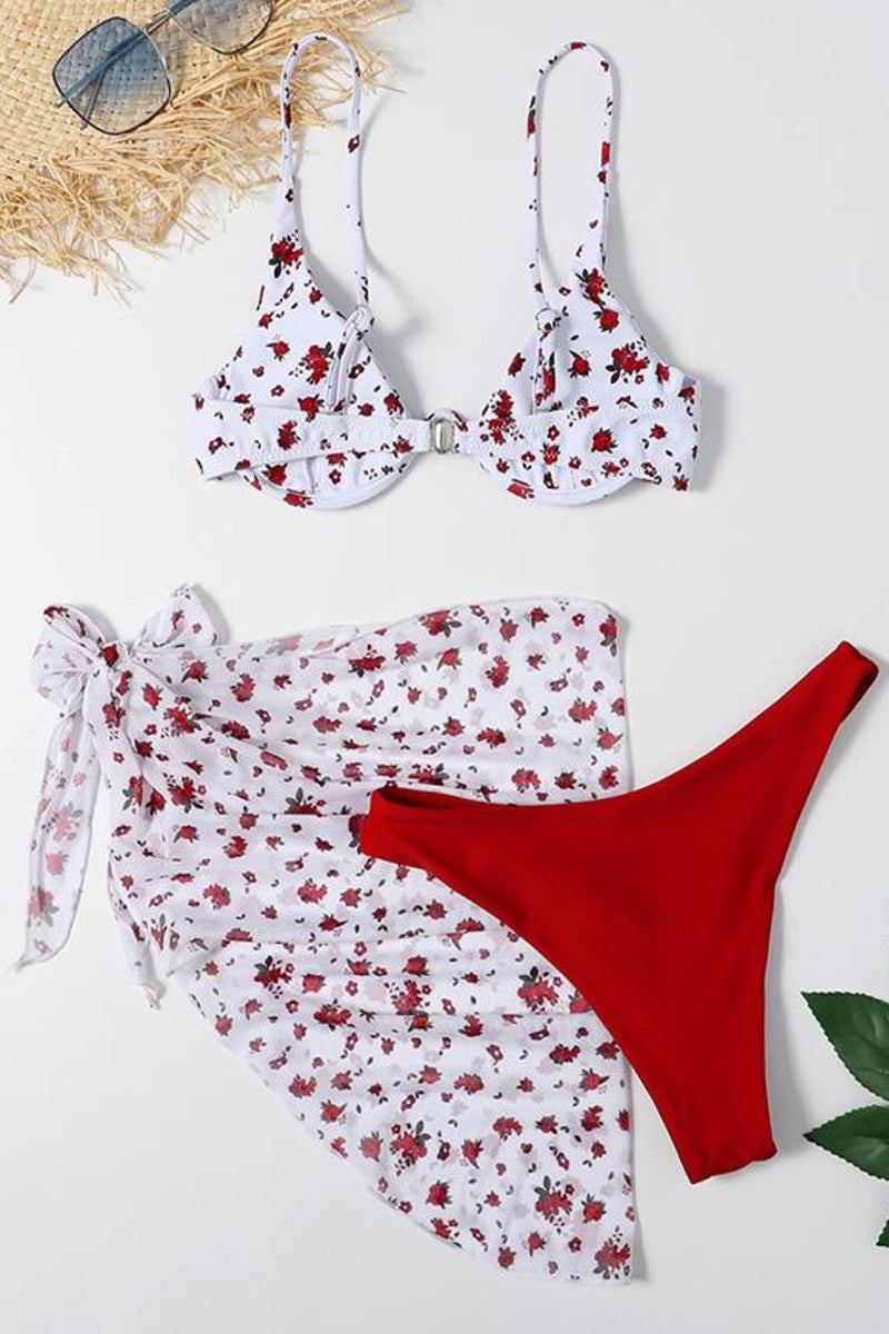 Floral Print Three Piece Bikini Set with Cover Up