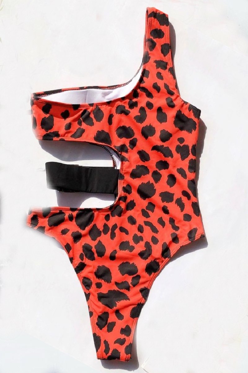 Red Leopard Side Elastic Strap One Piece Swimsuit Swimwear