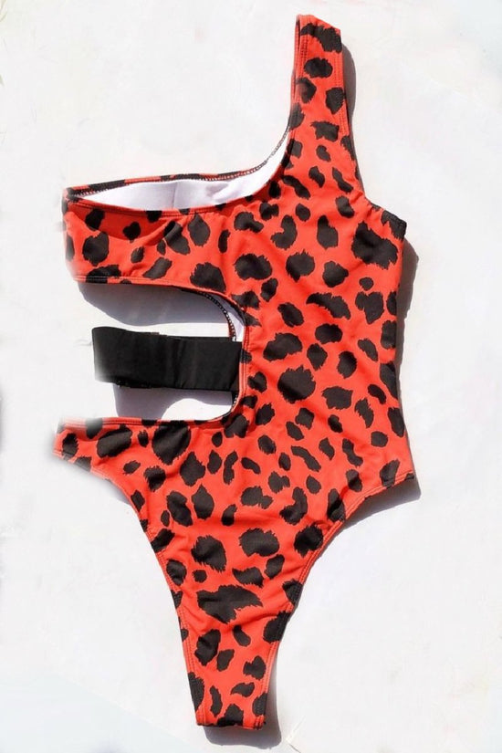 Red Leopard Side Elastic Strap One Piece Swimsuit Swimwear