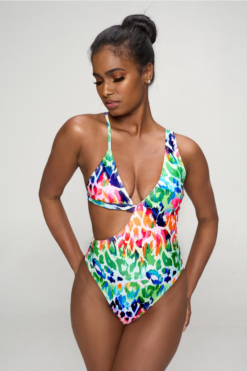 Multi Color  Cut Out One Piece Swimsuit