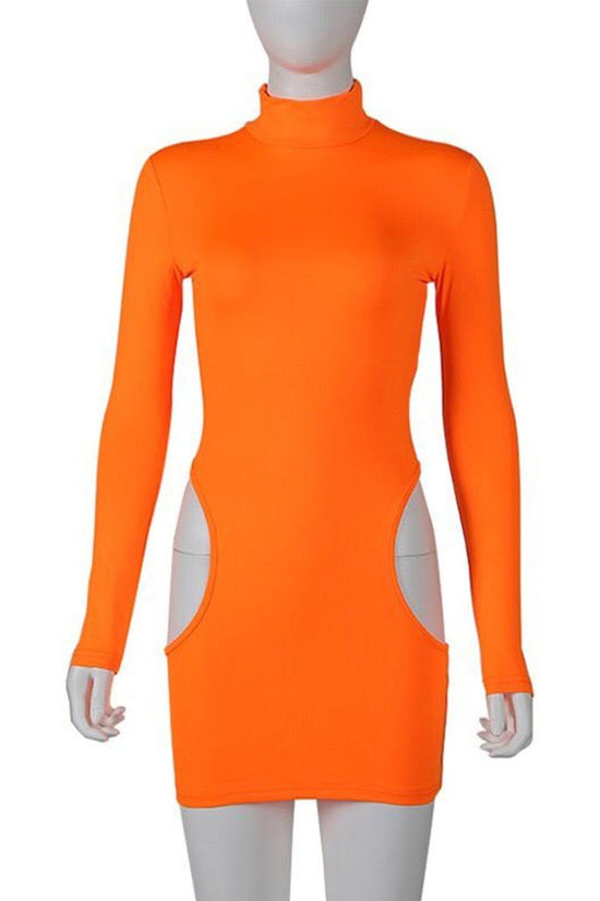Side Cut-Out Long Sleeve Mini Dress Orange S Clothing