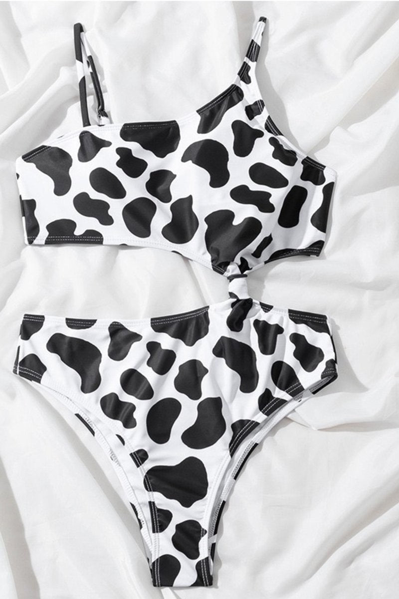 Black Cow Print One Piece Swimsuit
