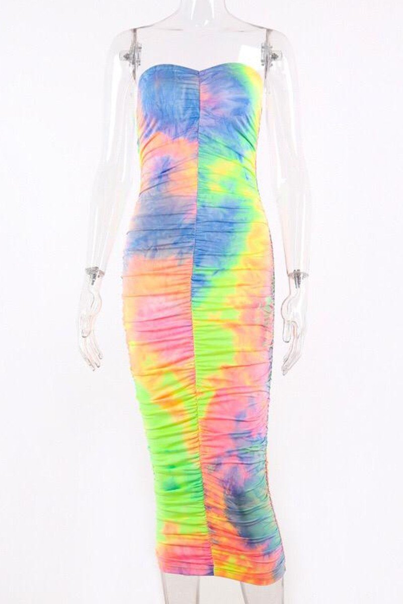 Unicorn Tie and Dye Ruched Strapless Dress