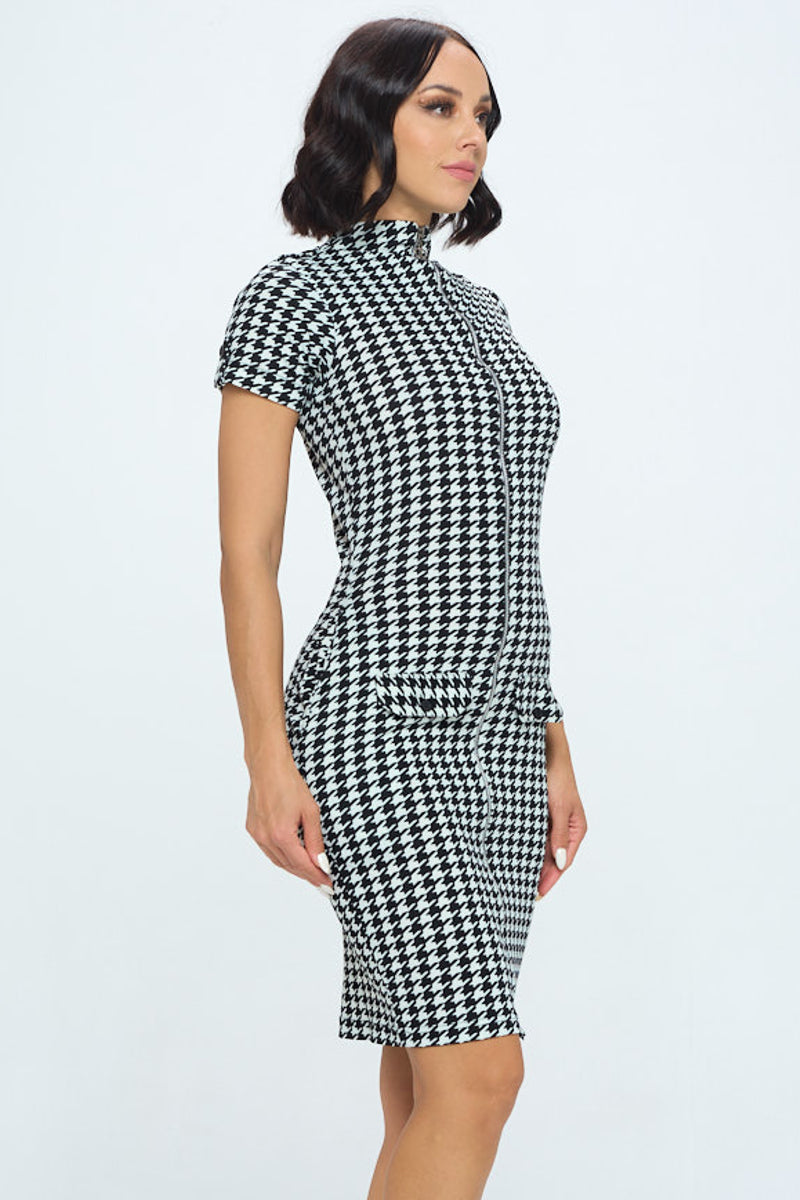 Hounds Tooth Plaid Front Zipper Short Sleeve Dress
