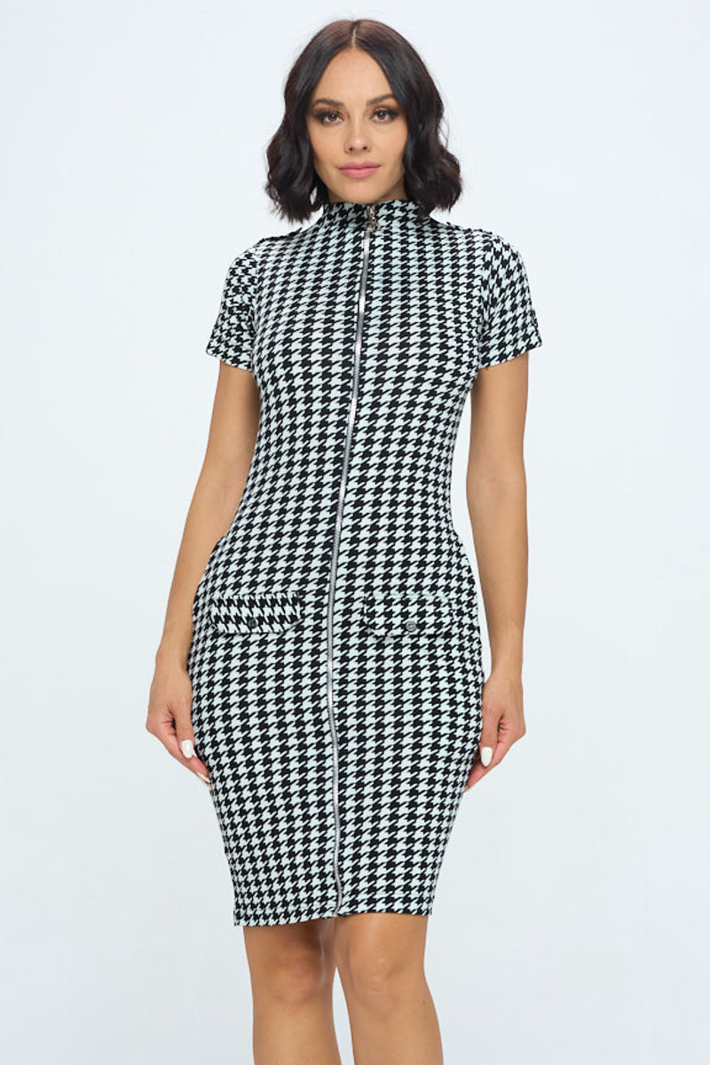 Hounds Tooth Plaid Front Zipper Short Sleeve Dress