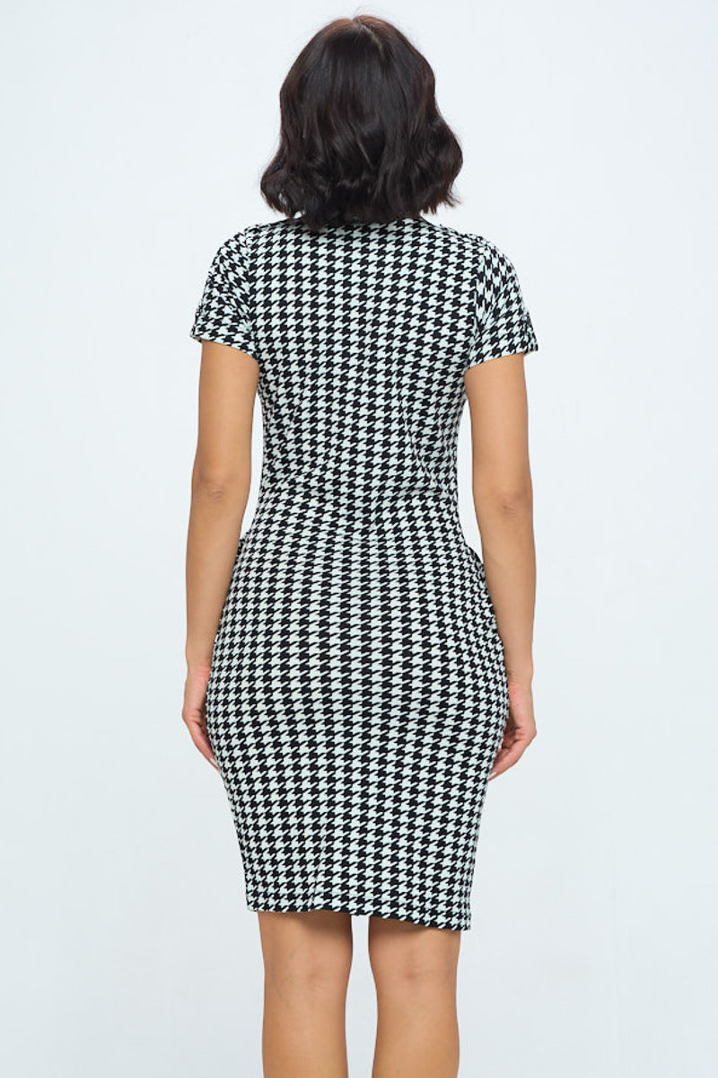 Hounds Tooth Plaid Front Zipper Short Sleeve Dress