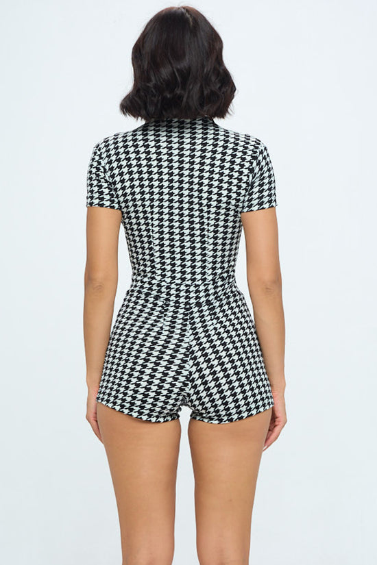 Hounds Tooth Plaid Front Zipper Short Sleeve Romper