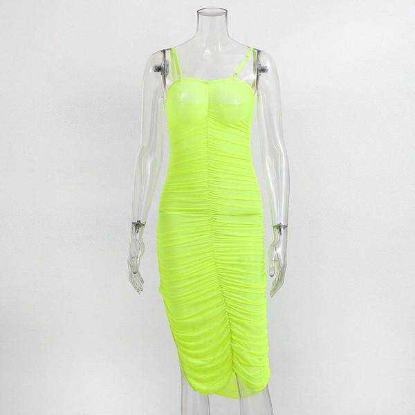 Neon Green Spaghetti Strap Ruched Dress Women Clothing