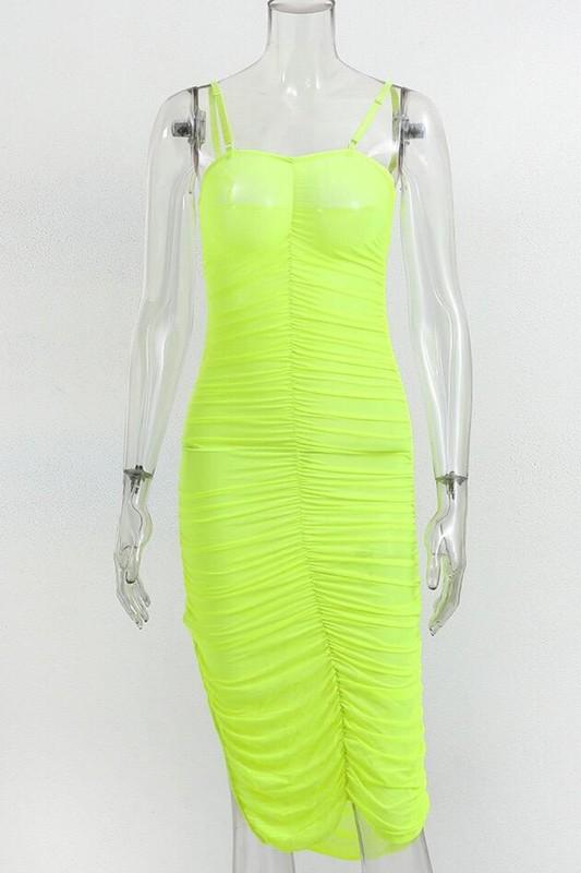 Neon Green Spaghetti Strap Ruched Dress Women Clothing