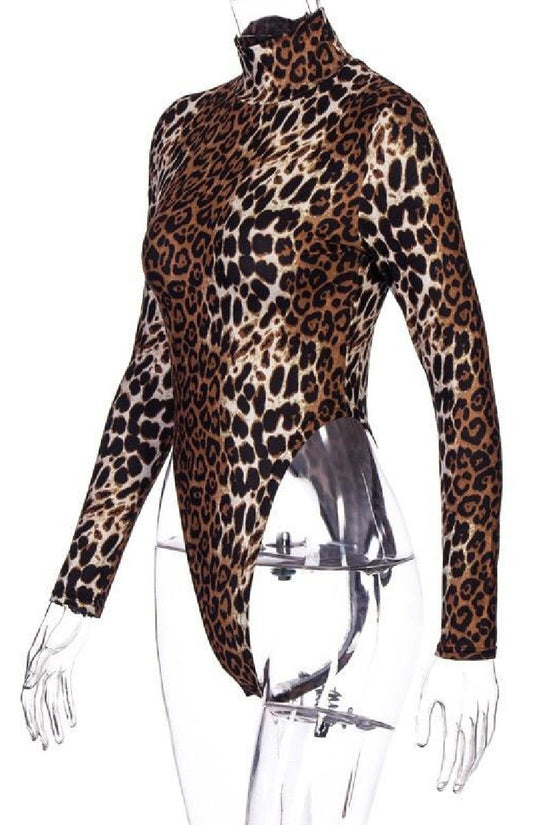 Leopard Print High Waist Turtle Neck Bodysuit