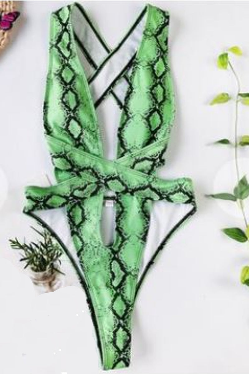 Green Python Print One Piece Swimsuit Swimwear