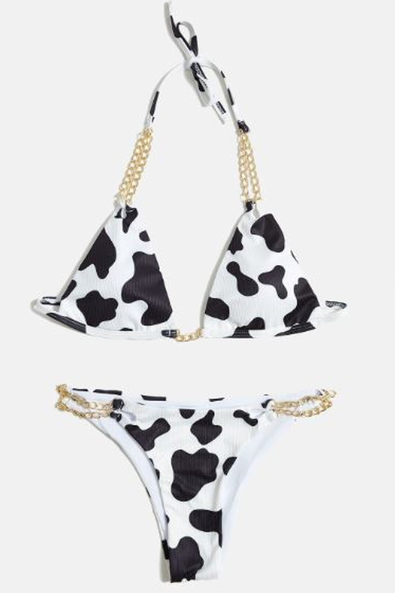 Cow Print Chain Linked Halter Neck Bikini Swimsuit