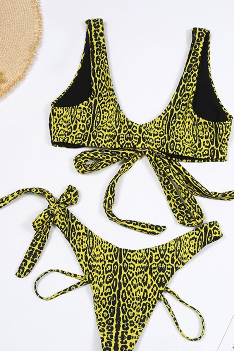 Yellow Cheetah Print Two Piece Bikini with Straps