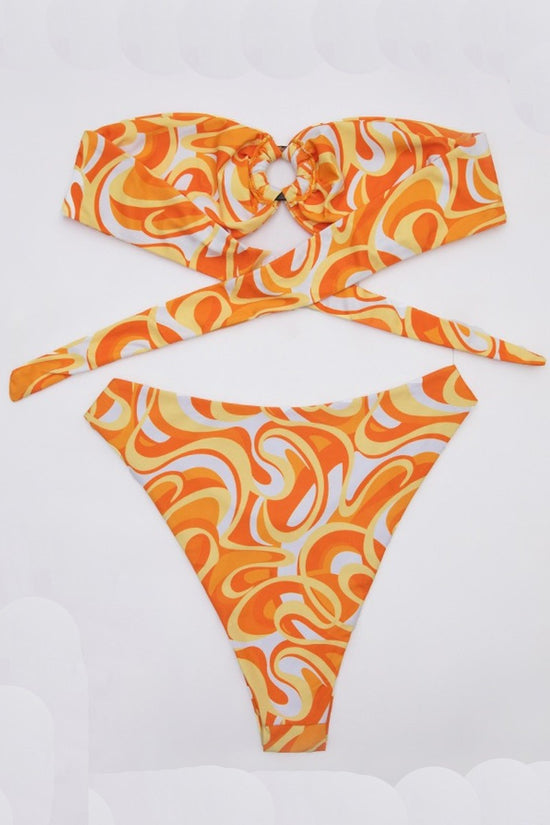 Marble Print Ring Linked Strapless Bikini Swimsuit Swimwear