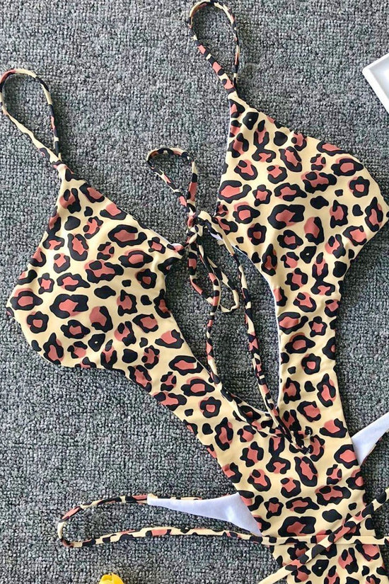 Cheetah Print One Piece Cut Out Swimsuit Swimwear