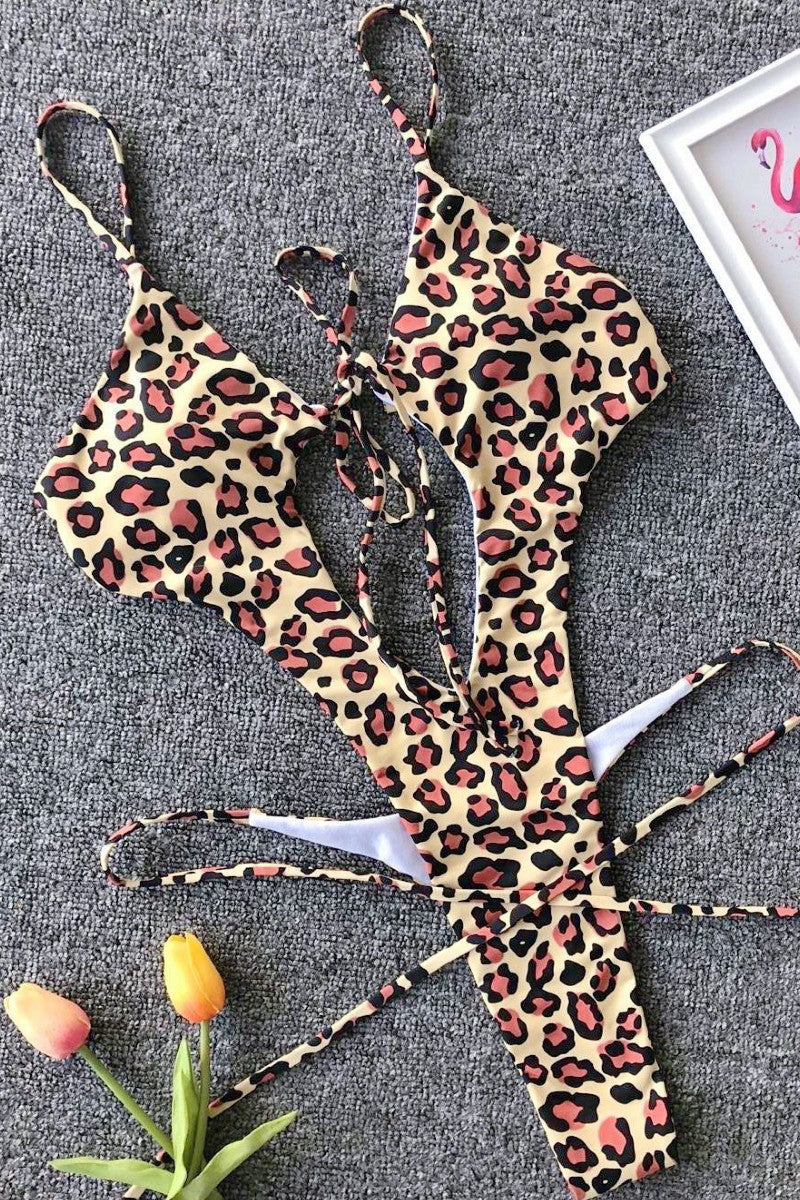 Cheetah Print One Piece Cut Out Swimsuit Swimwear