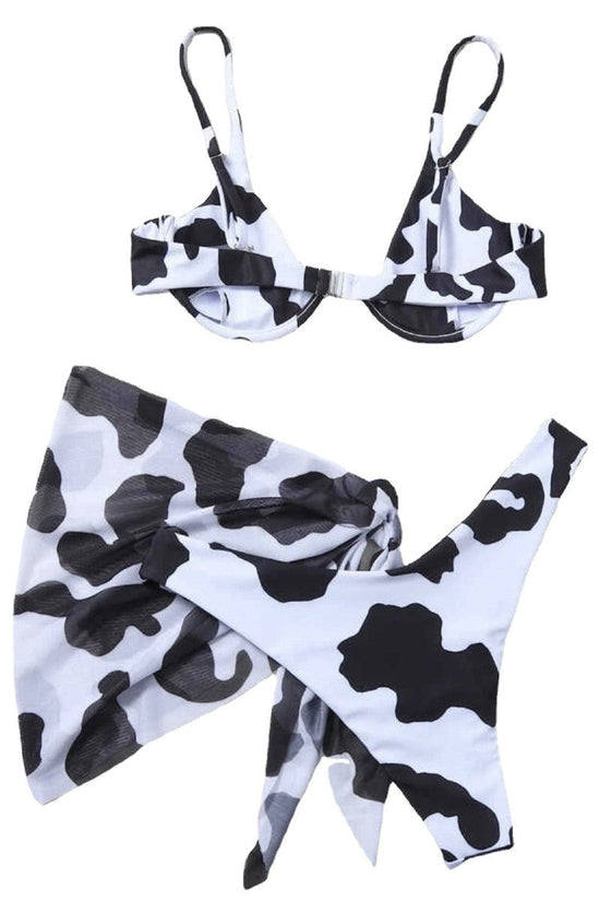 Cow Print Underwire Three Piece Bikini Set Coverup Swimsuit Swimwear Bathing Suit