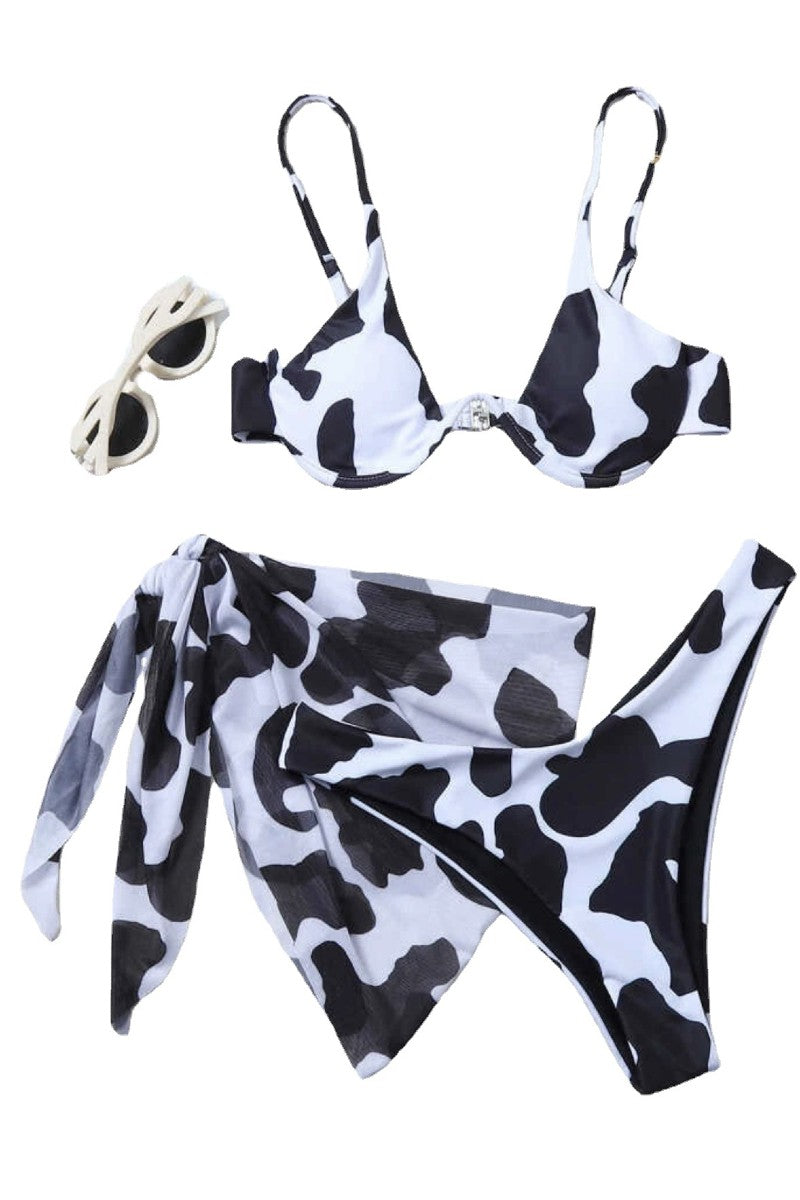 Cow Print Underwire Three Piece Bikini Set Coverup Swimsuit Swimwear Bathing Suit
