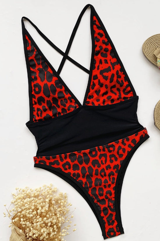 Load image into Gallery viewer, Red Leopard Print V Neck One Piece Swimsuit
